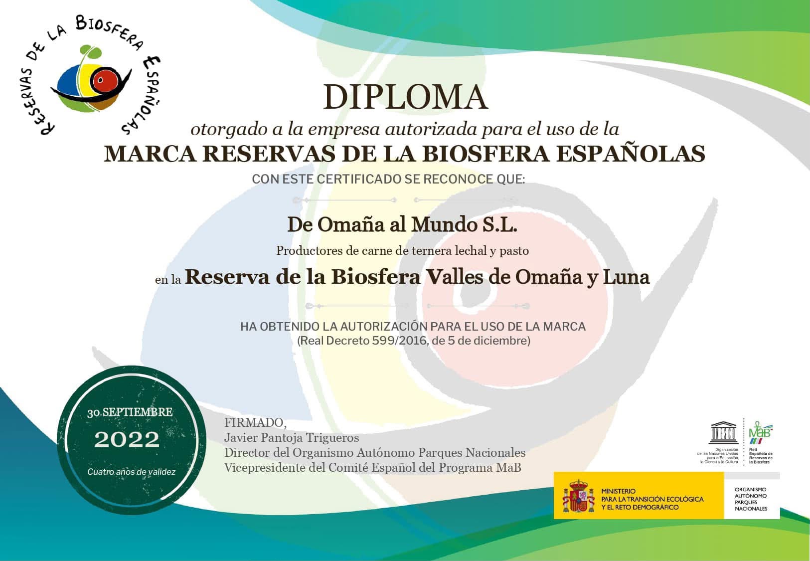 Diploma de autorización para el uso de la marca Reservas de la Biosfera Españolas concedido a De Omaña al Mundo S.L., productores de carne de ternera lechal y pasto en la Reserva de la Biosfera Valles de Omaña y Luna
